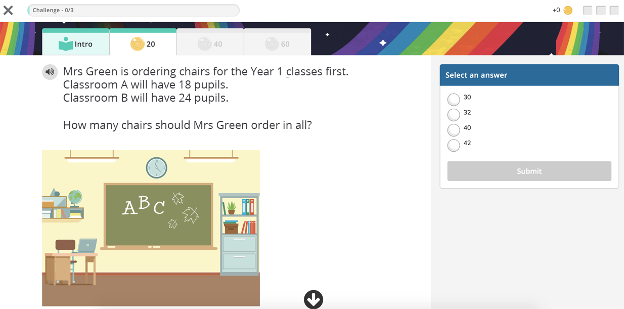 A lower years example question: the question is on the left, and four multiple-choice answers are on the right. The number of coins the question is worth is on a tab at the top.