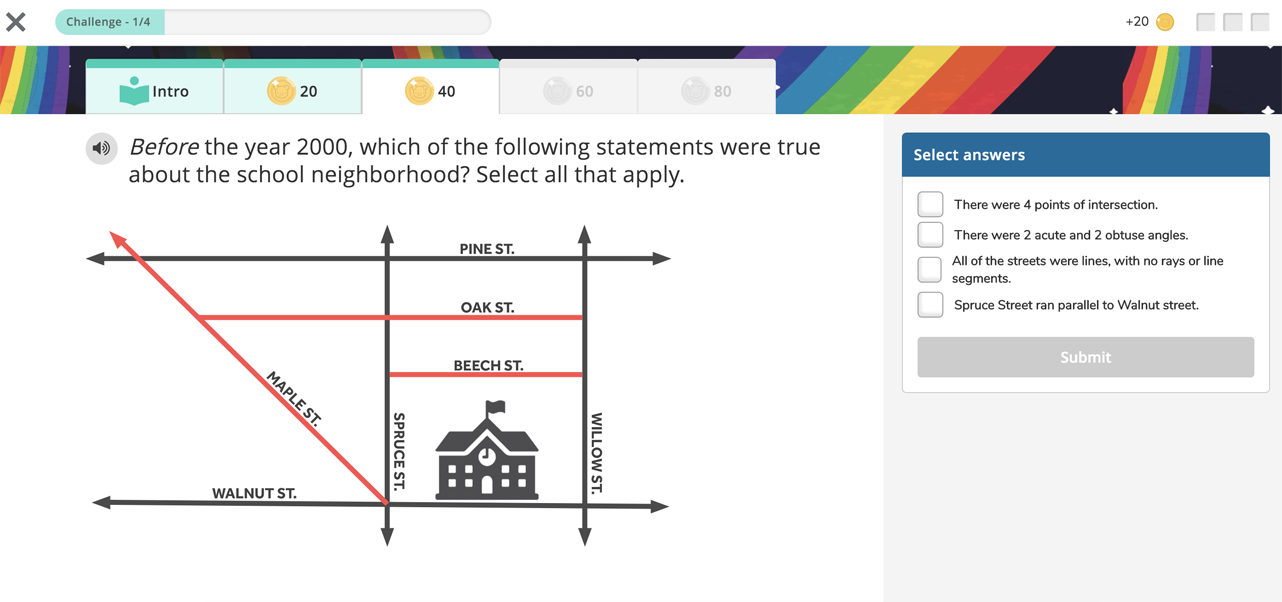 A lower years example question: the question is on the left, and four possible answers are on the right. The number of coins the question is worth is on a tab at the top.