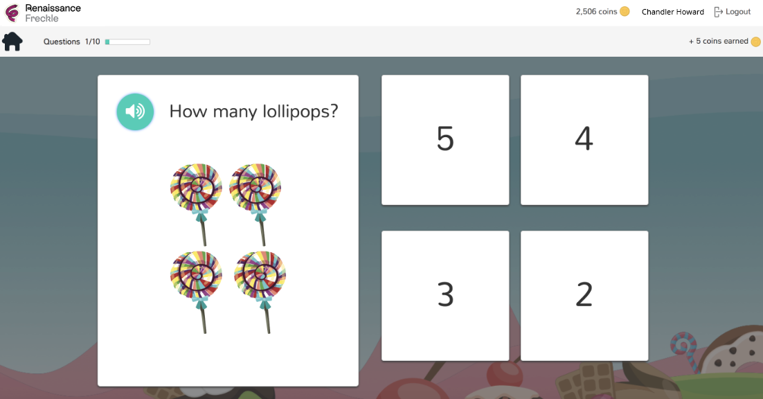 An example Number Basics screen. A question is on the left, and four answers the pupil can choose from are on the right. The question has an audio icon which the pupil can select to hear the question read out loud.