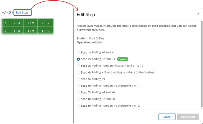 The Edit Step pop-up window, listing the available steps to assign to a pupil; the Update Step button is at the bottom.