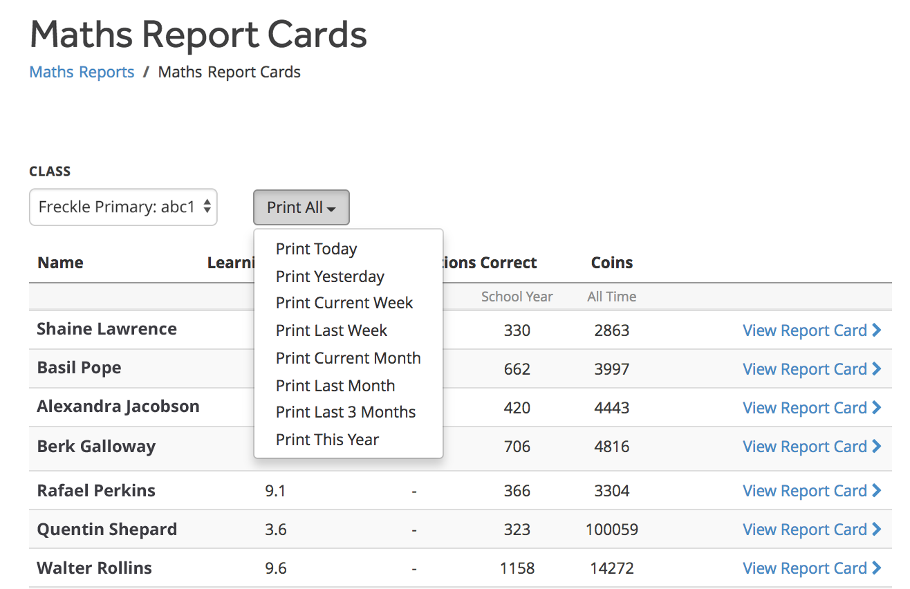 A table of pupils in one class, with the Print drop-down list selected, showing the various time span options for printing report cards.