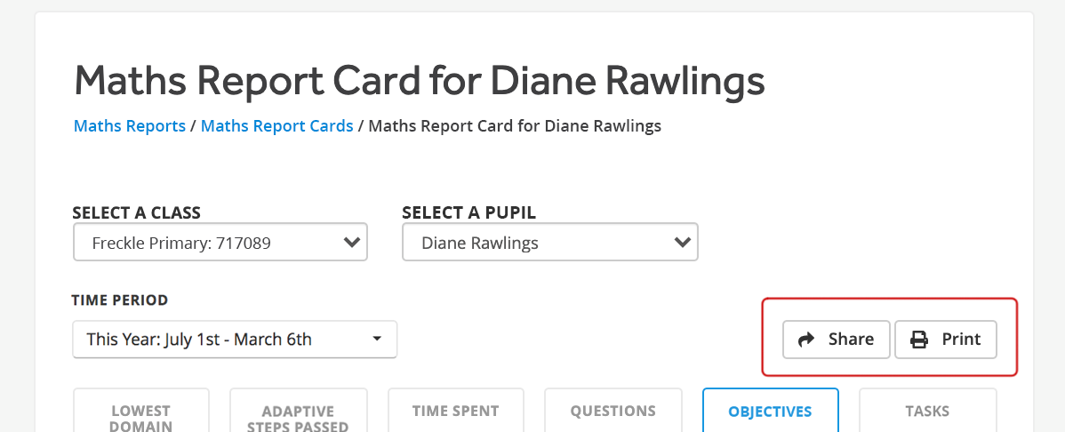 A pupil's report card, with the Share and Print buttons highlighted.