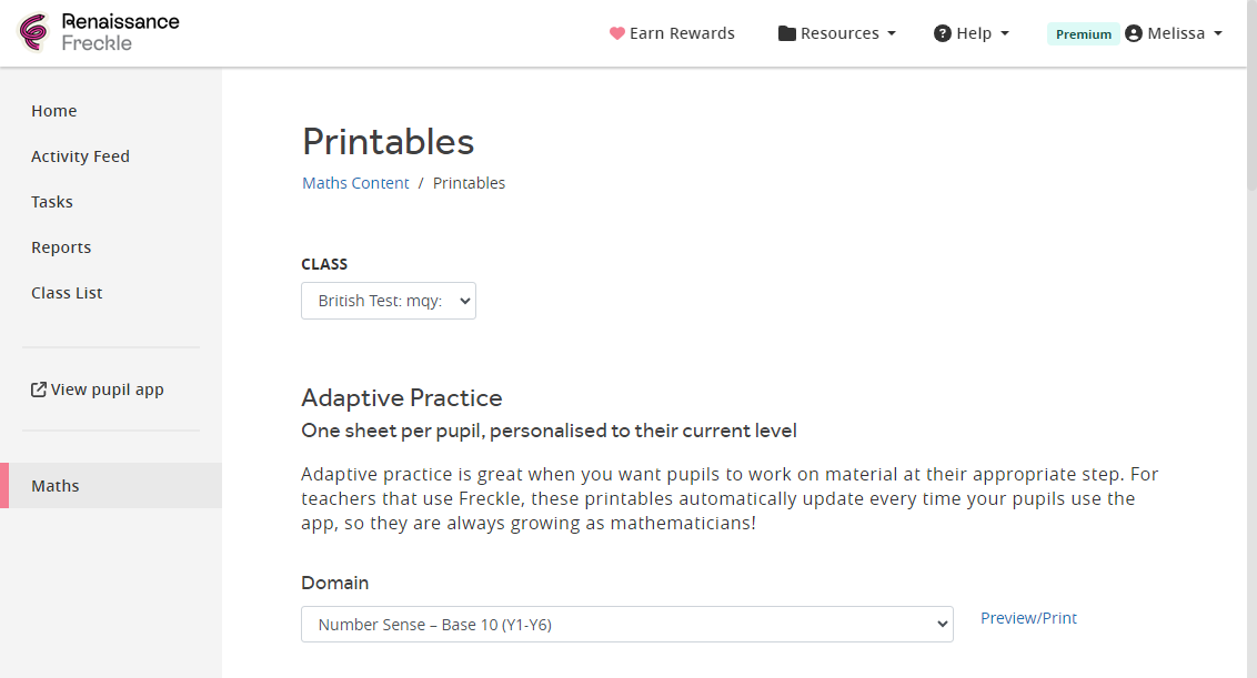 The Printables page, where the user can view and print practices.