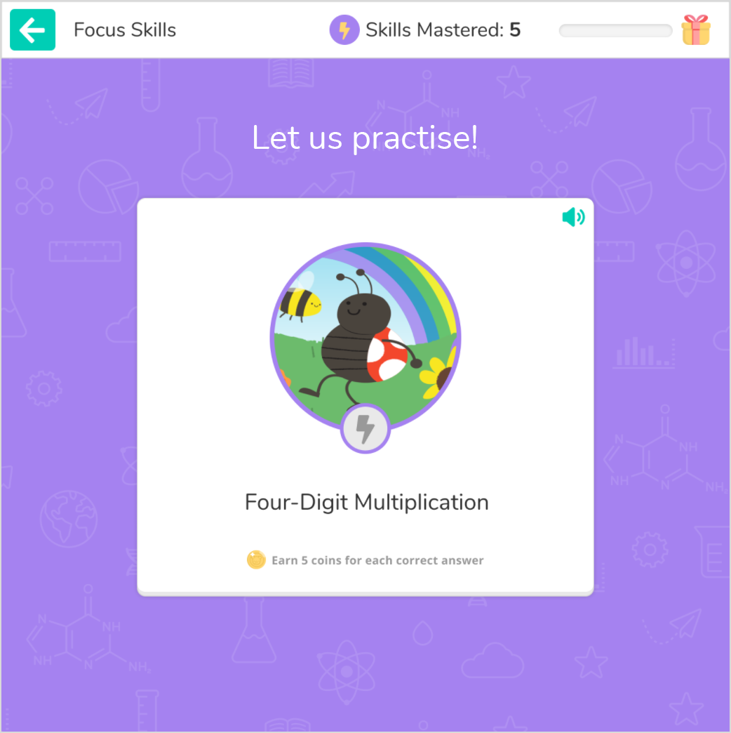 A sample briefing screen, showing the name of the session and the number of coins the pupil can earn for each correct answer.