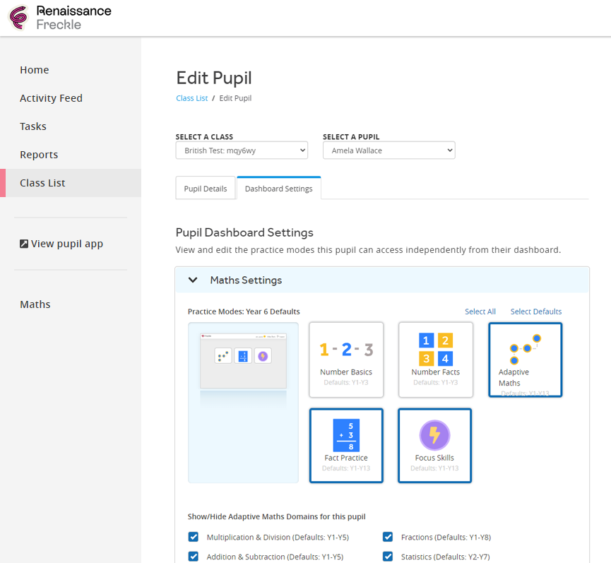 The Edit Pupil page. On the Dashboard Settings tab, under Maths Settings, the Focus Skills tile has been selected, activating it.