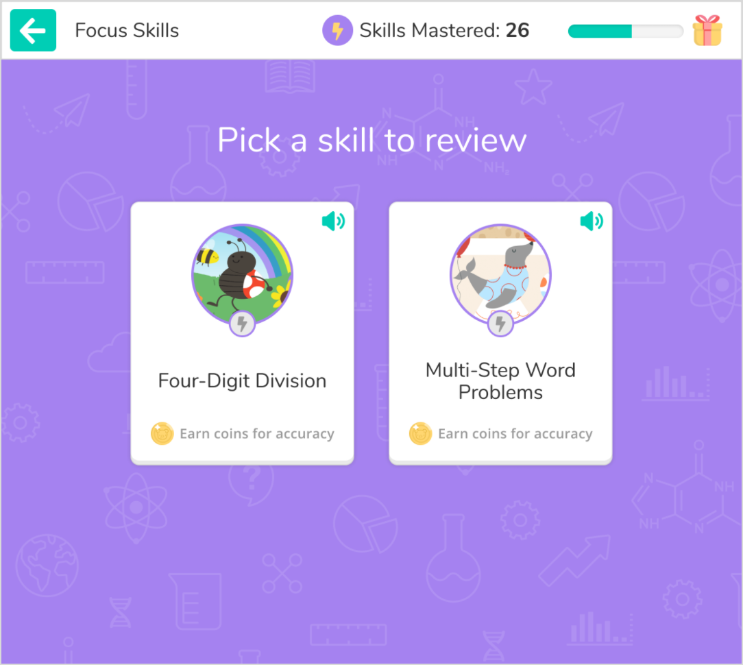 A focus skills practice screen. The pupil is presented with two skills they have already mastered, which they can choose to practise further. The pupil can earn coins for accuracy.