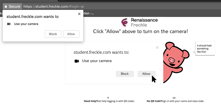 In this example, a pop-up window has opened in the web browser, asking the pupil for permission to access their webcam. The Block and Allow buttons are at the bottom.