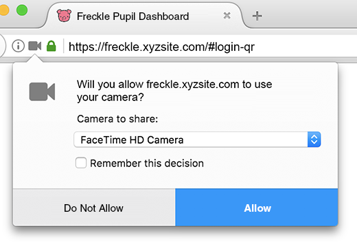 The message reads: 'Will you allow the Freckle site to use your camera?' The Do Not Allow and Allow buttons are at the bottom.