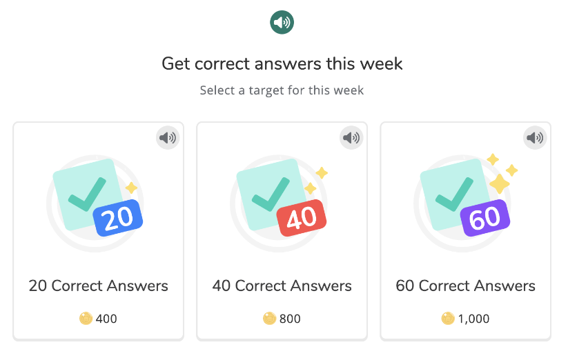 Three targets a pupil can choose from: 20, 40 or 60 correct answers, with increasing coin rewards.
