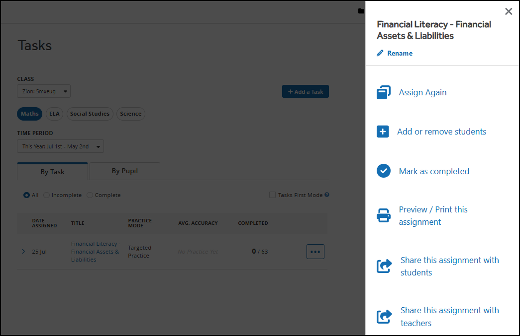 The Assignment actions menu panel on the right side of the screen.